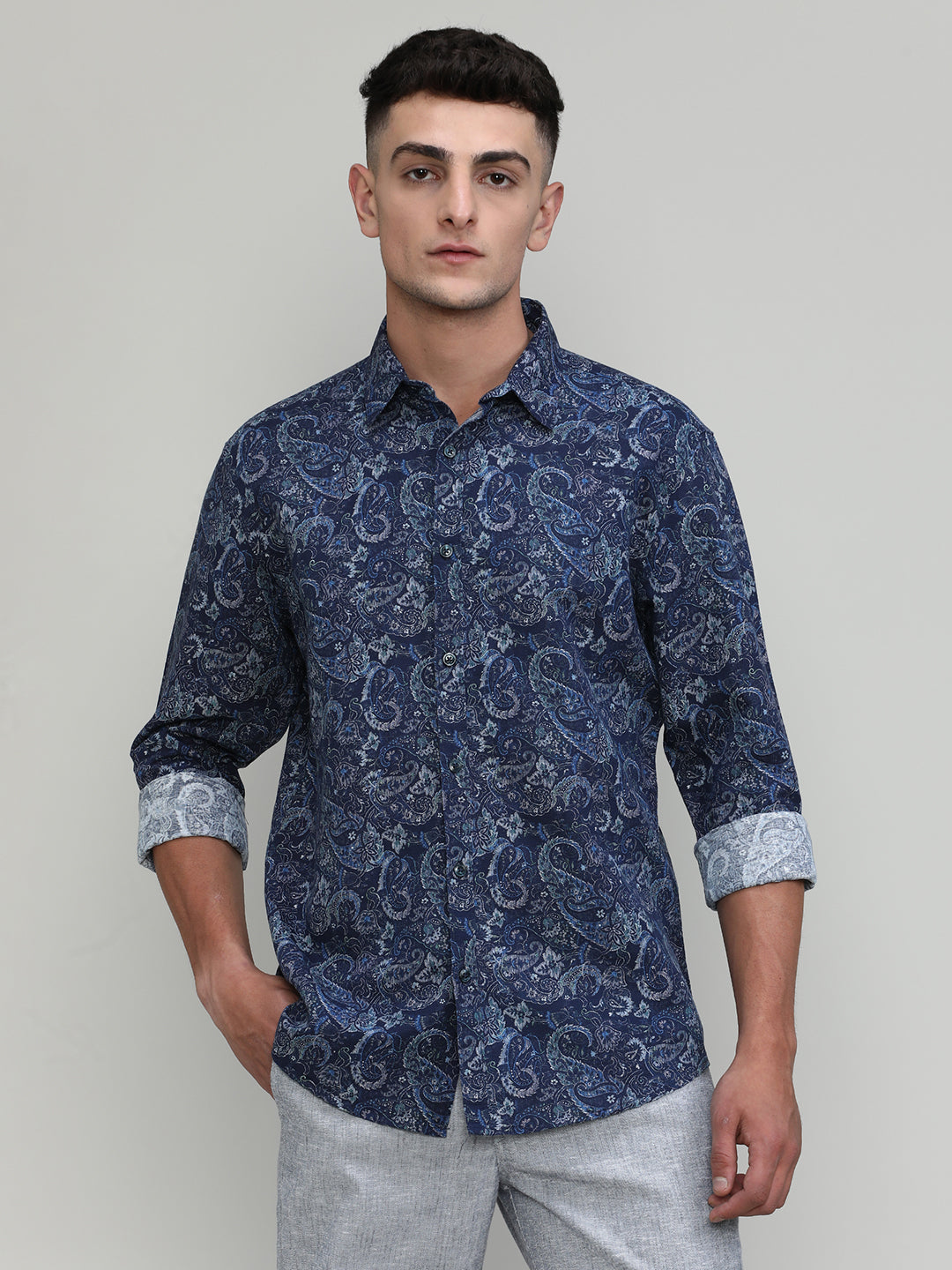 Exclusive Purple Collection Royal Blue Slim Fit Printed Premium Cotton Linen Shirt