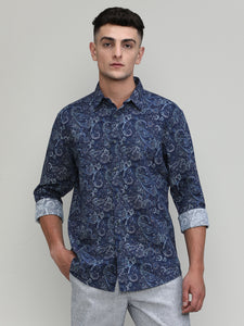 Exclusive Purple Collection Royal Blue Slim Fit Printed Premium Cotton Linen Shirt
