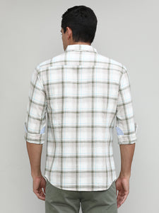 Beige Slim Fit Premuim Cotton Checks Shirt With Button Down Collar