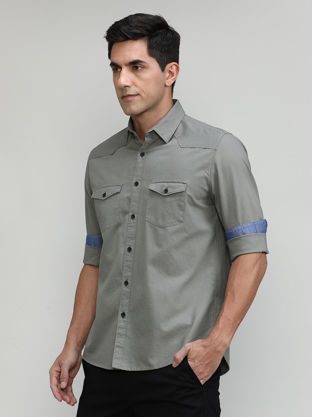Troops Slim Fit Premuim Cotton Solid Shirt With Bone Collar & Double Pocket