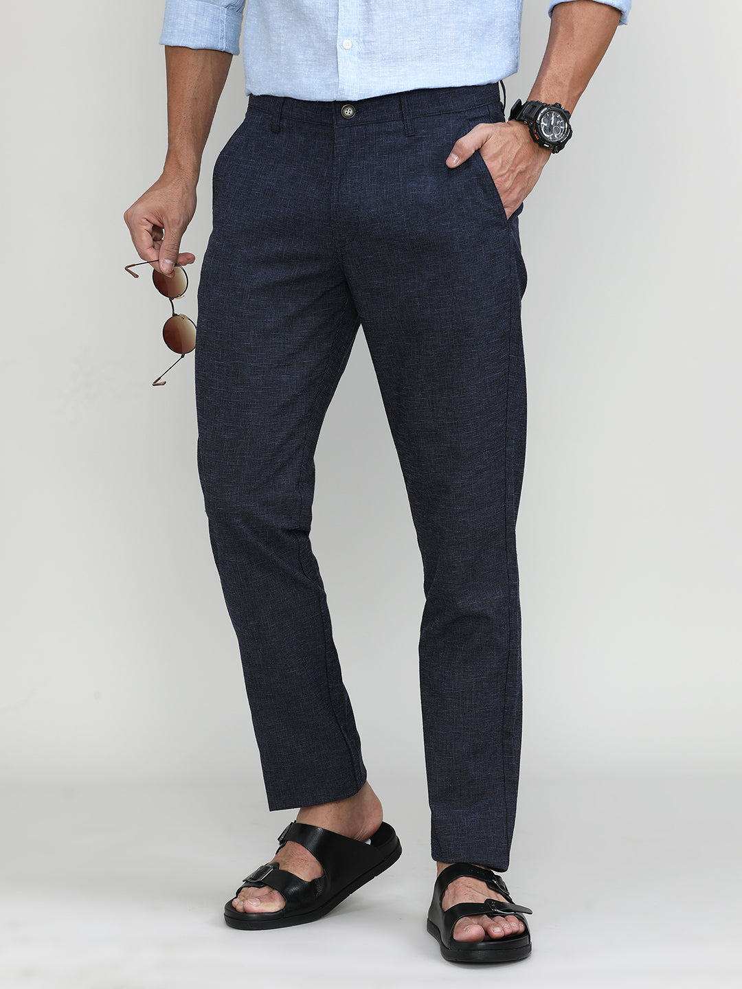 Eclipse Blue Cotton Trousers Slim Tapered Fit