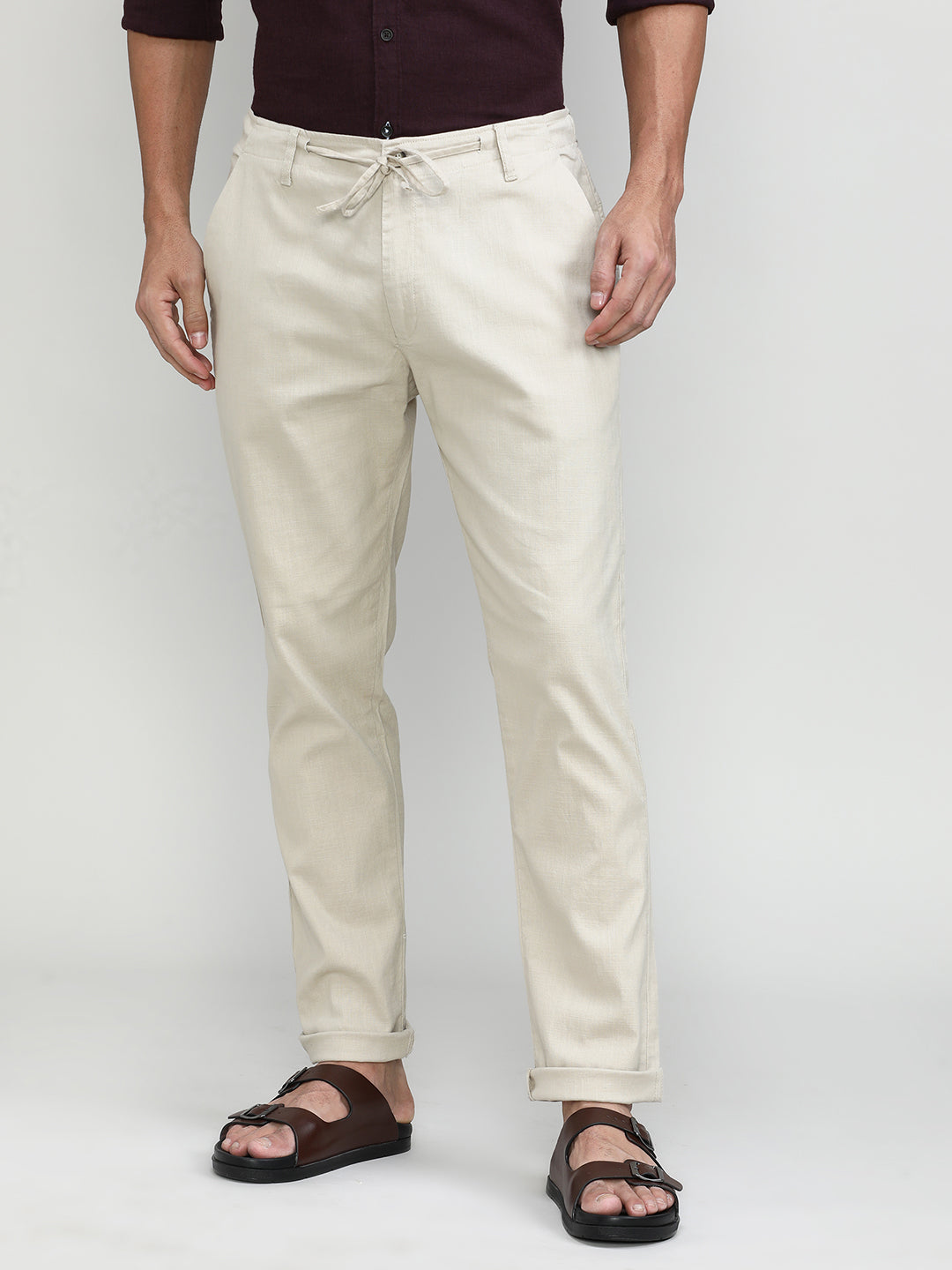 Sand Cotton Travel Trousers Slim Tapered Fit