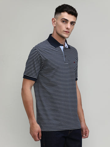 Navy Jersey Cotton Lycra Stripes Polo T-shirt