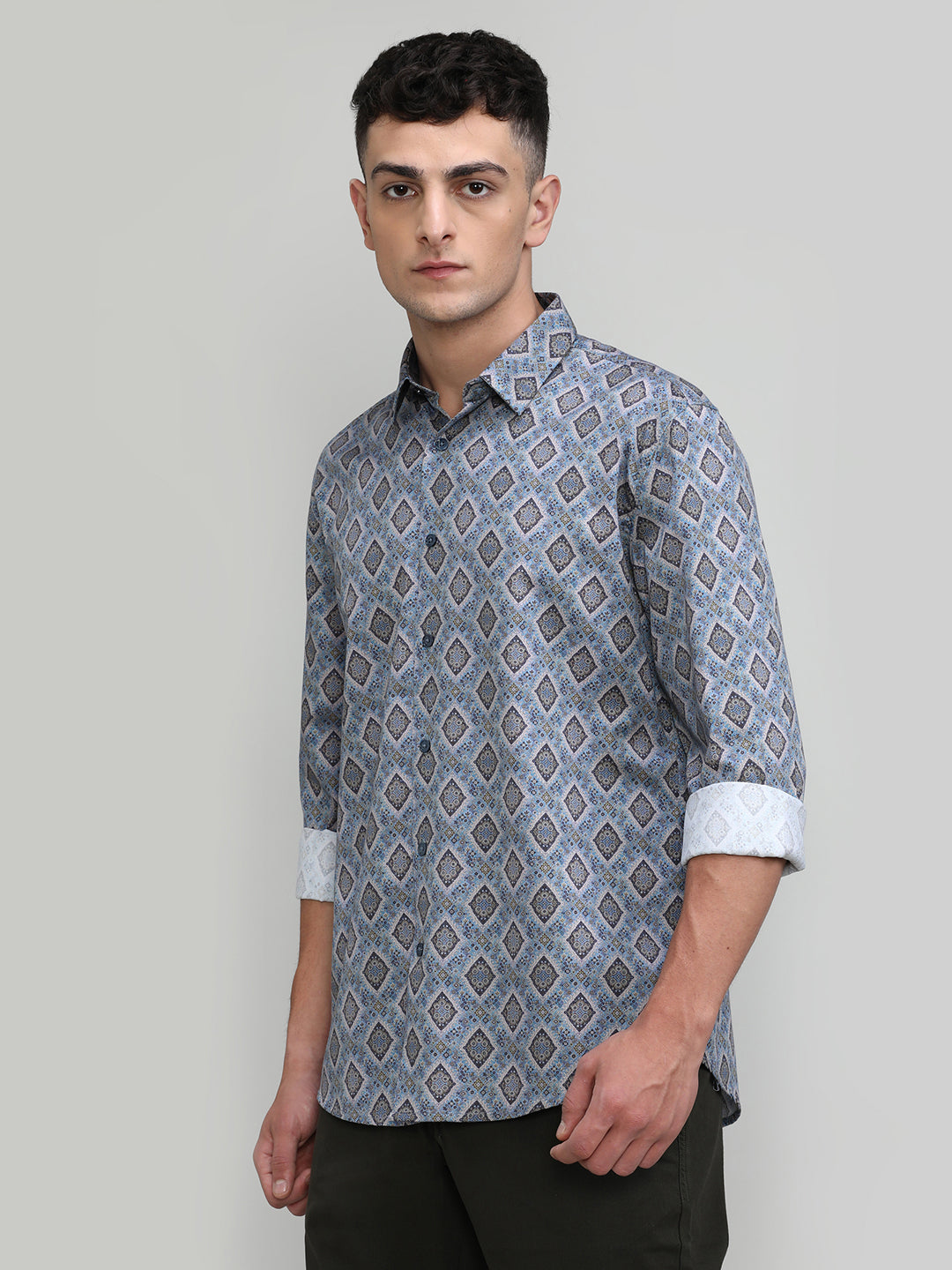 Exclusive Purple Collection Peacock Blue Slim Fit Printed Premium Cotton Shirt