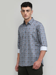 Exclusive Purple Collection Peacock Blue Slim Fit Printed Premium Cotton Shirt