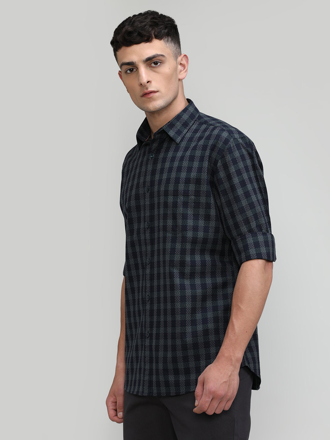 Exclusive Purple Collection Dark Navy Slim Fit Premium Cotton Checks Shirt