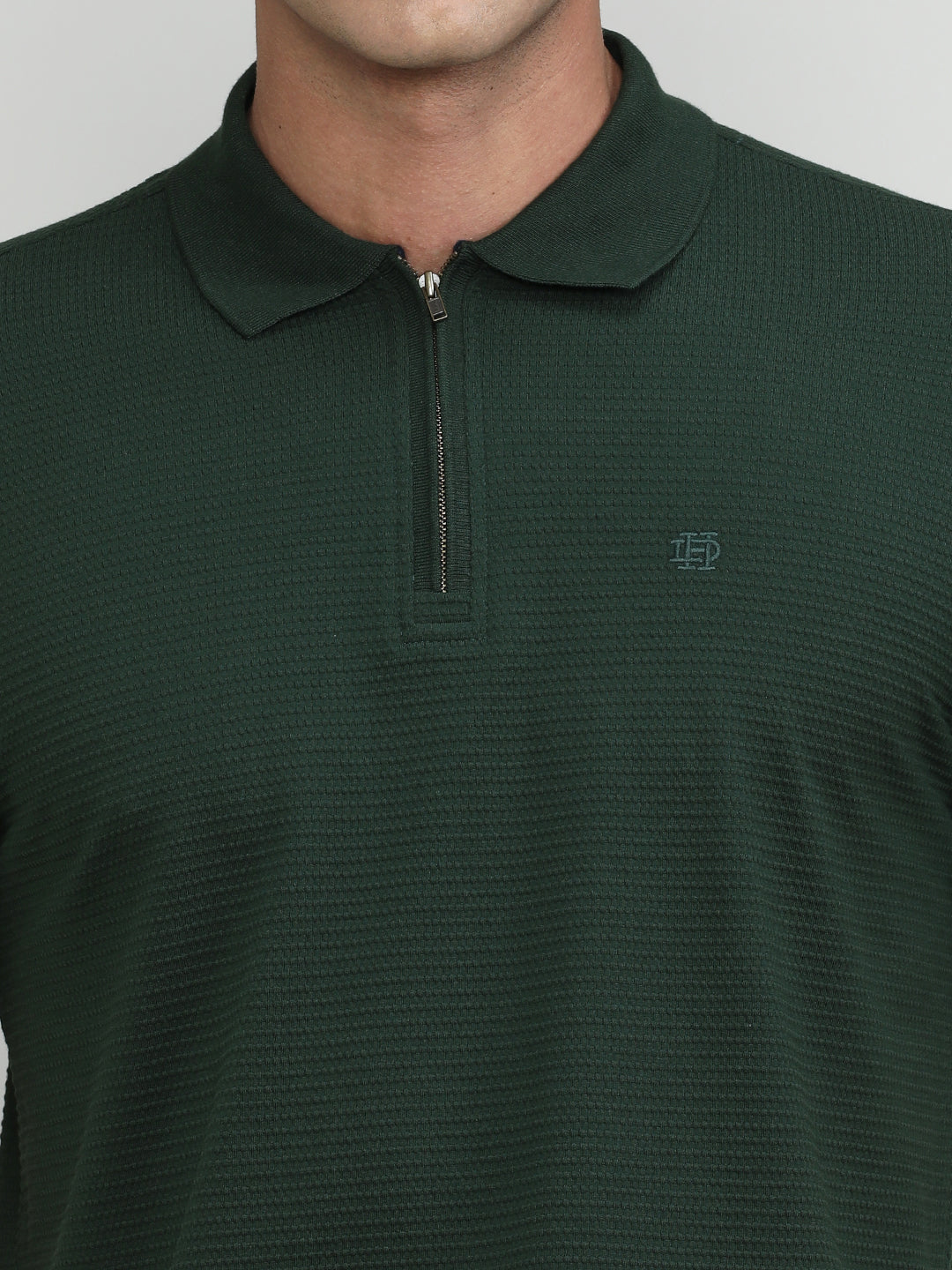 Bottle Green Popcorn Weave Cotton Lycra Solid Polo T-shirt