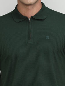 Bottle Green Popcorn Weave Cotton Lycra Solid Polo T-shirt