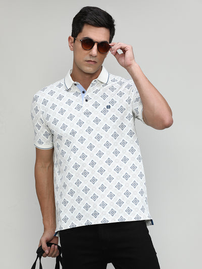 Beige Jersey Cotton Lycra Printed Polo T-shirt