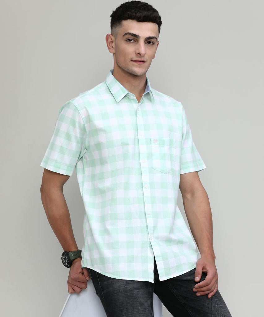 Fresh Mint Slim Fit Premium Cotton Checks Shirt With Pocket