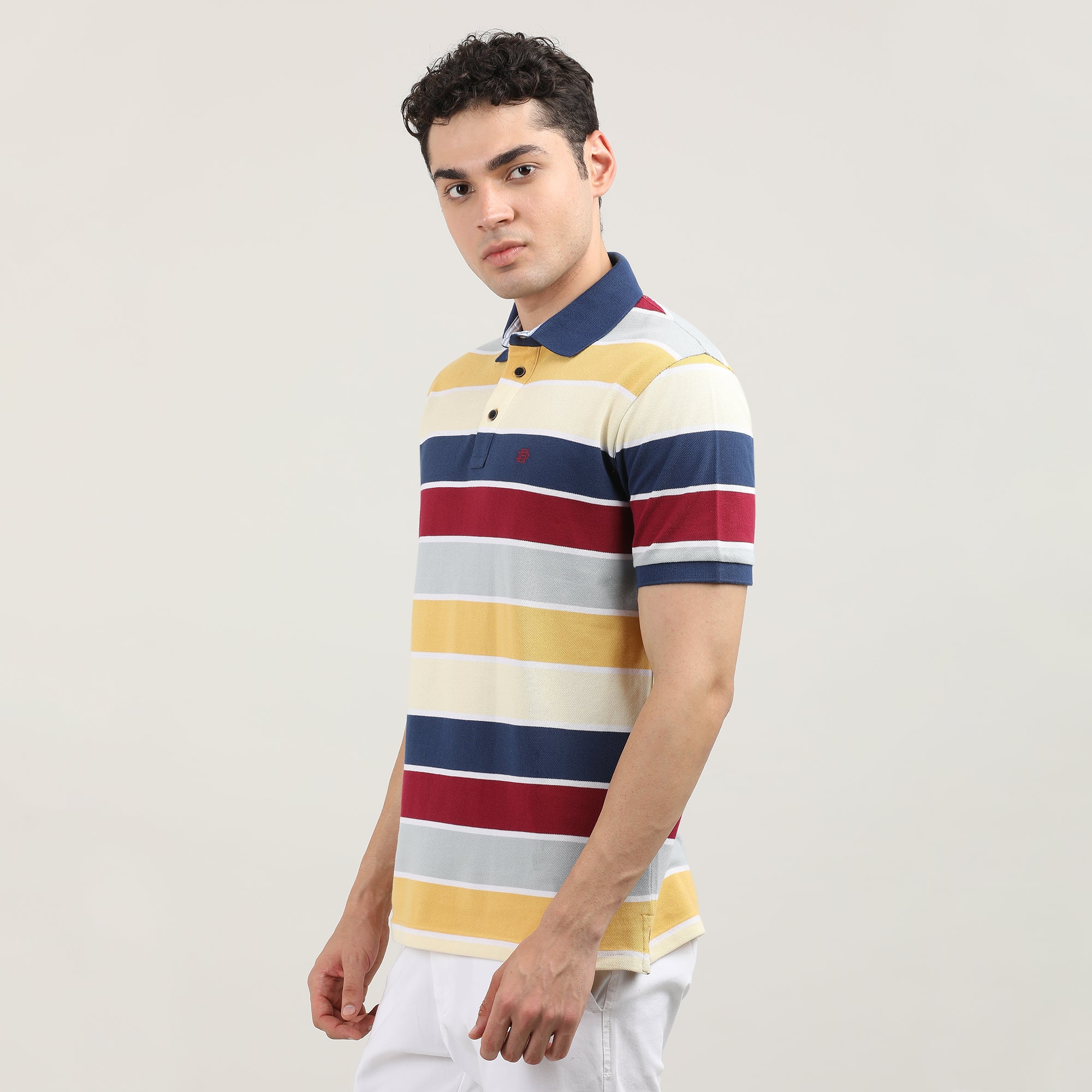 Lemon Pique Stripes Polo T-shirt With Tipping Collar