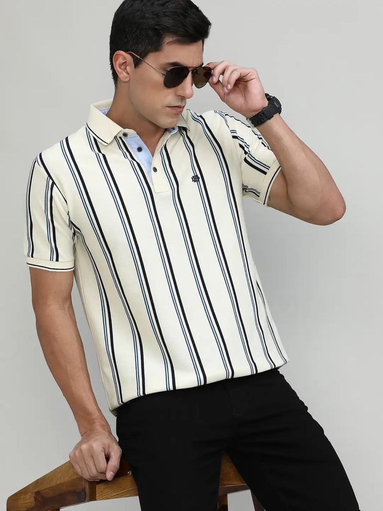 Natural Pique Cotton Lycra Stripes Polo T-shirt
