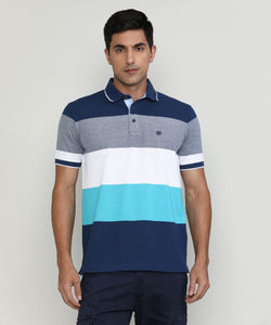 Marine Pique Cotton Lycra Stripes Polo T-shirt