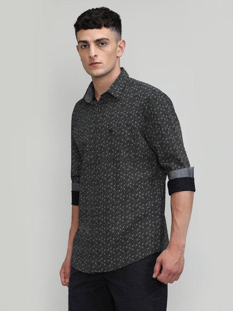 Black Slim Fit Premium Cotton Printed Shirt With Pocket