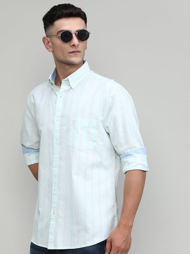 Pistachio Slim Fit Premium Cotton Lycra Stripe Shirt With Pocket