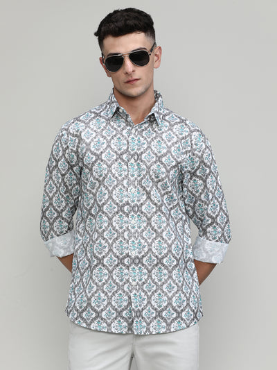 Exclusive Purple Collection Beige Slim Fit Printed Premium Cotton Linen Shirt