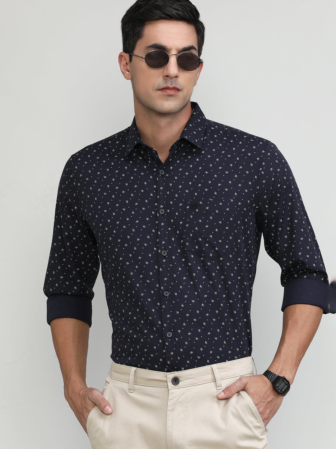 Black Slim Fit Premium Cotton Printed Shirt -SS25