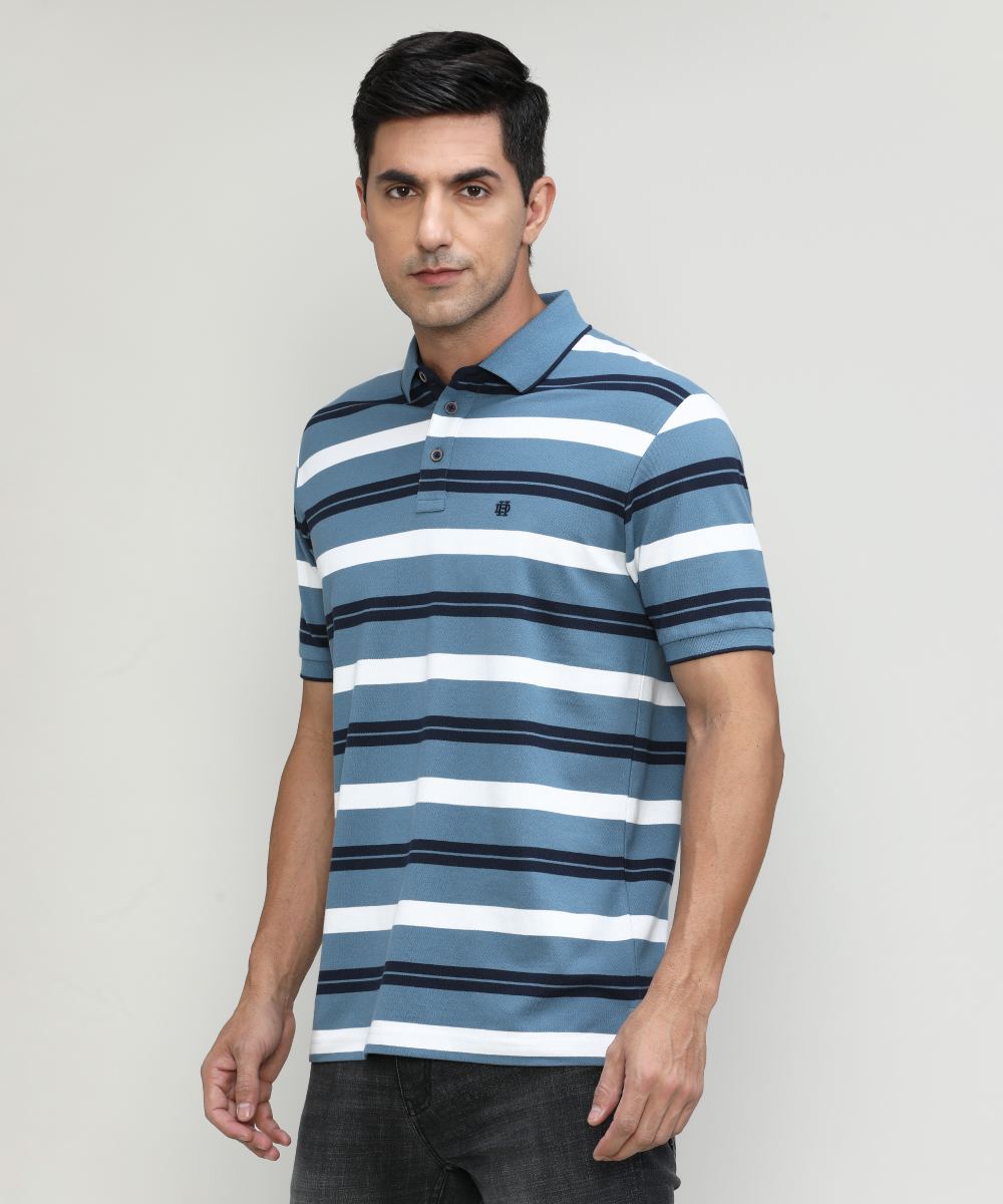 AF Blue Pique Cotton Lycra Stripes Polo T-shirt