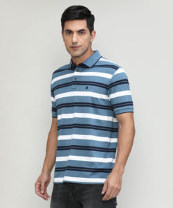 AF Blue Pique Cotton Lycra Stripes Polo T-shirt