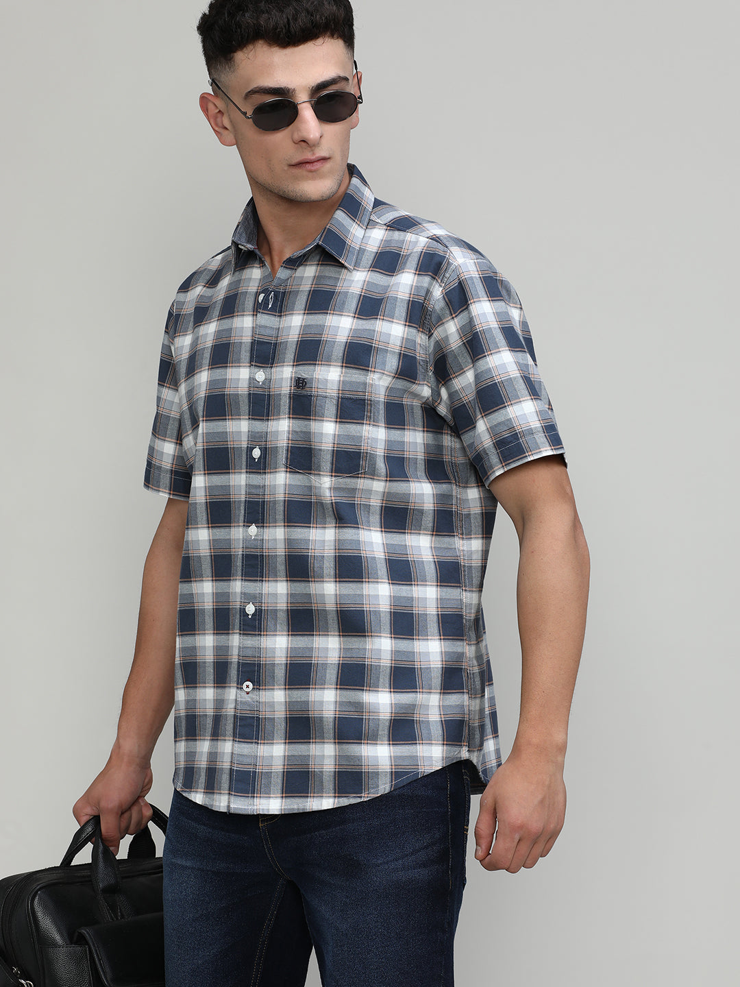 Slate Shade Slim Fit Premuim Cotton Checks Shirt With Pocket-SS25