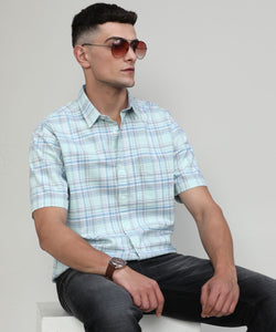 Pistachio Slim Fit Premuim Cotton Checks Shirt With Pocket-SS25