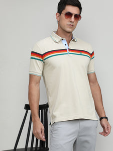 Sand Pique Cotton Lycra Stripes Polo T-shirt