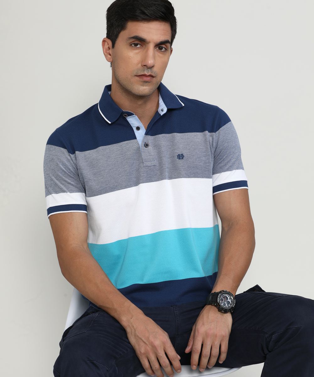 Marine Pique Cotton Lycra Stripes Polo T-shirt