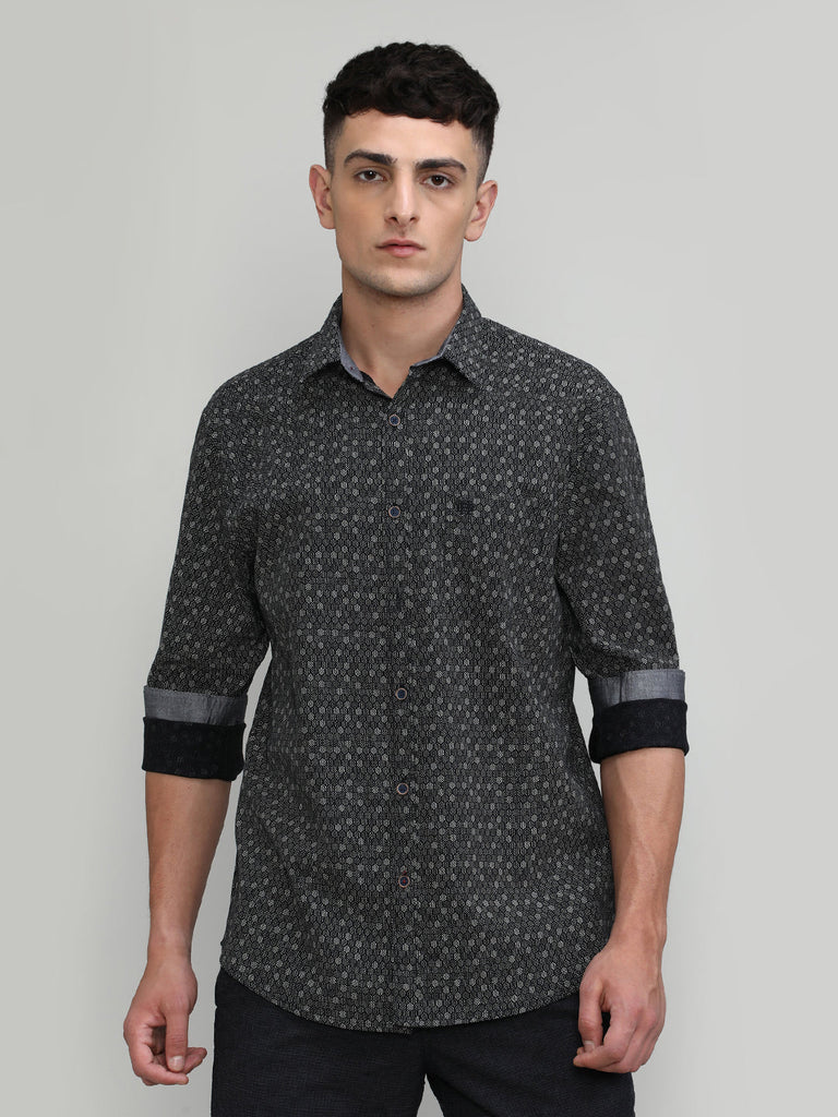 Black Slim Fit Premium Cotton Printed Shirt With Pocket