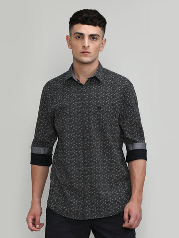 Black Slim Fit Premium Cotton Printed Shirt With Pocket