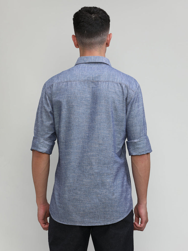 Navy Slim Fit Premium Cotton Lycra Solid Shirt