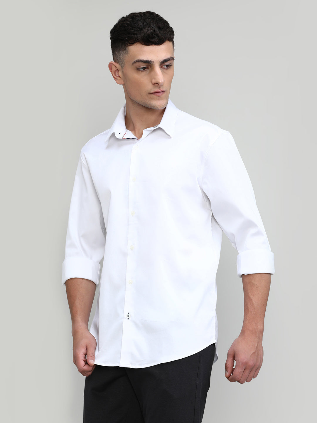 White Slim Fit Premium Satin Cotton Lycra Solid Shirt-SS25
