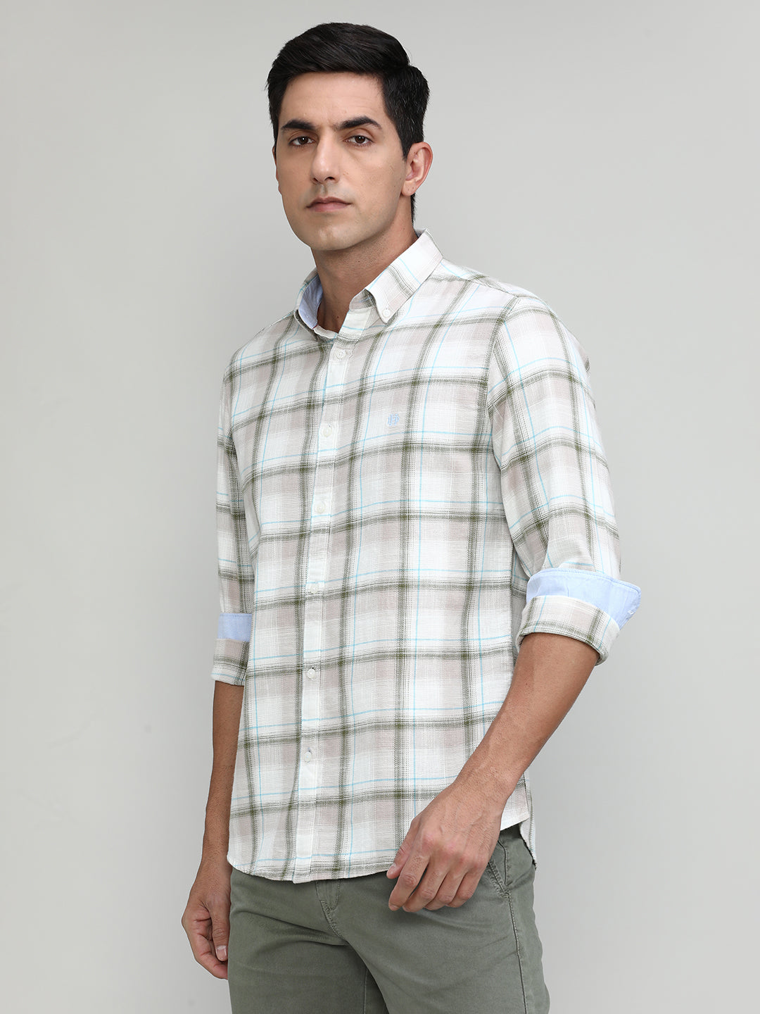 Beige Slim Fit Premuim Cotton Checks Shirt With Button Down Collar