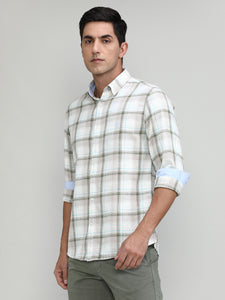 Beige Slim Fit Premuim Cotton Checks Shirt With Button Down Collar