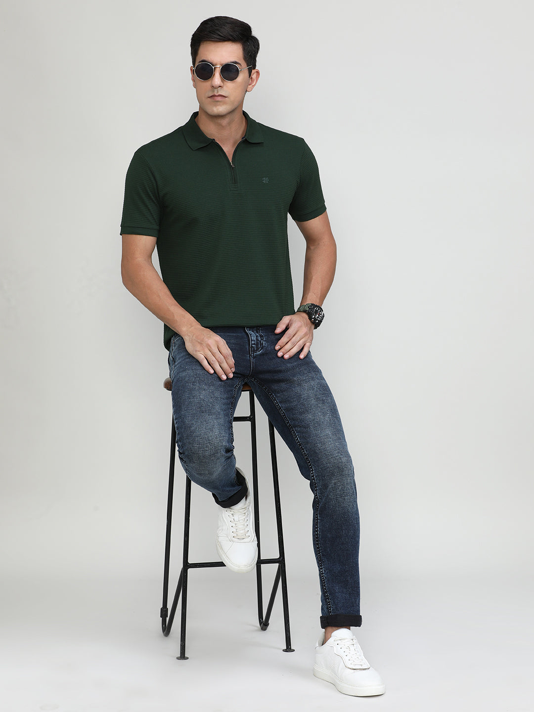 Bottle Green Popcorn Weave Cotton Lycra Solid Polo T-shirt