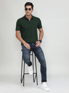 Bottle Green Popcorn Weave Cotton Lycra Solid Polo T-shirt