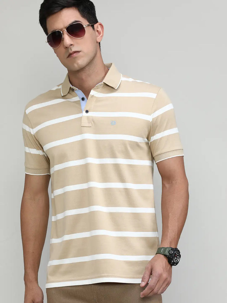 Sand Jersey Cotton Lycra Stripes Polo T-shirt