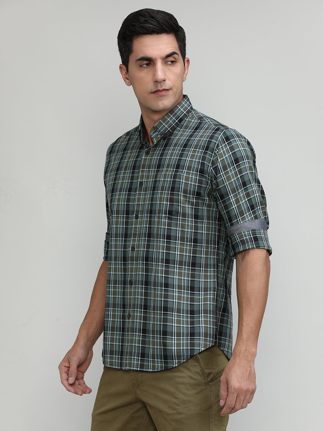 Lake Green Slim Fit Premuim Cotton Checks Shirt With Button Down Collar & Pocket