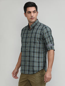 Lake Green Slim Fit Premuim Cotton Checks Shirt With Button Down Collar & Pocket