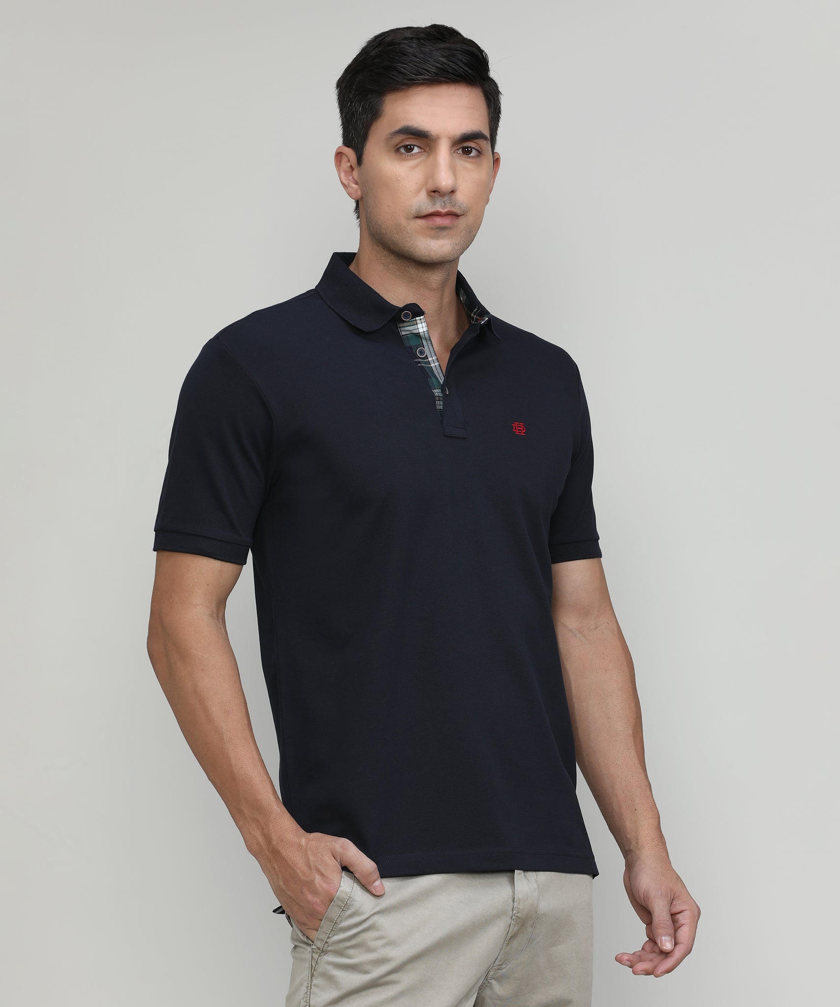 Navy Pique Cotton Lycra Solid Polo T-shirt