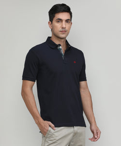 Navy Pique Cotton Lycra Solid Polo T-shirt