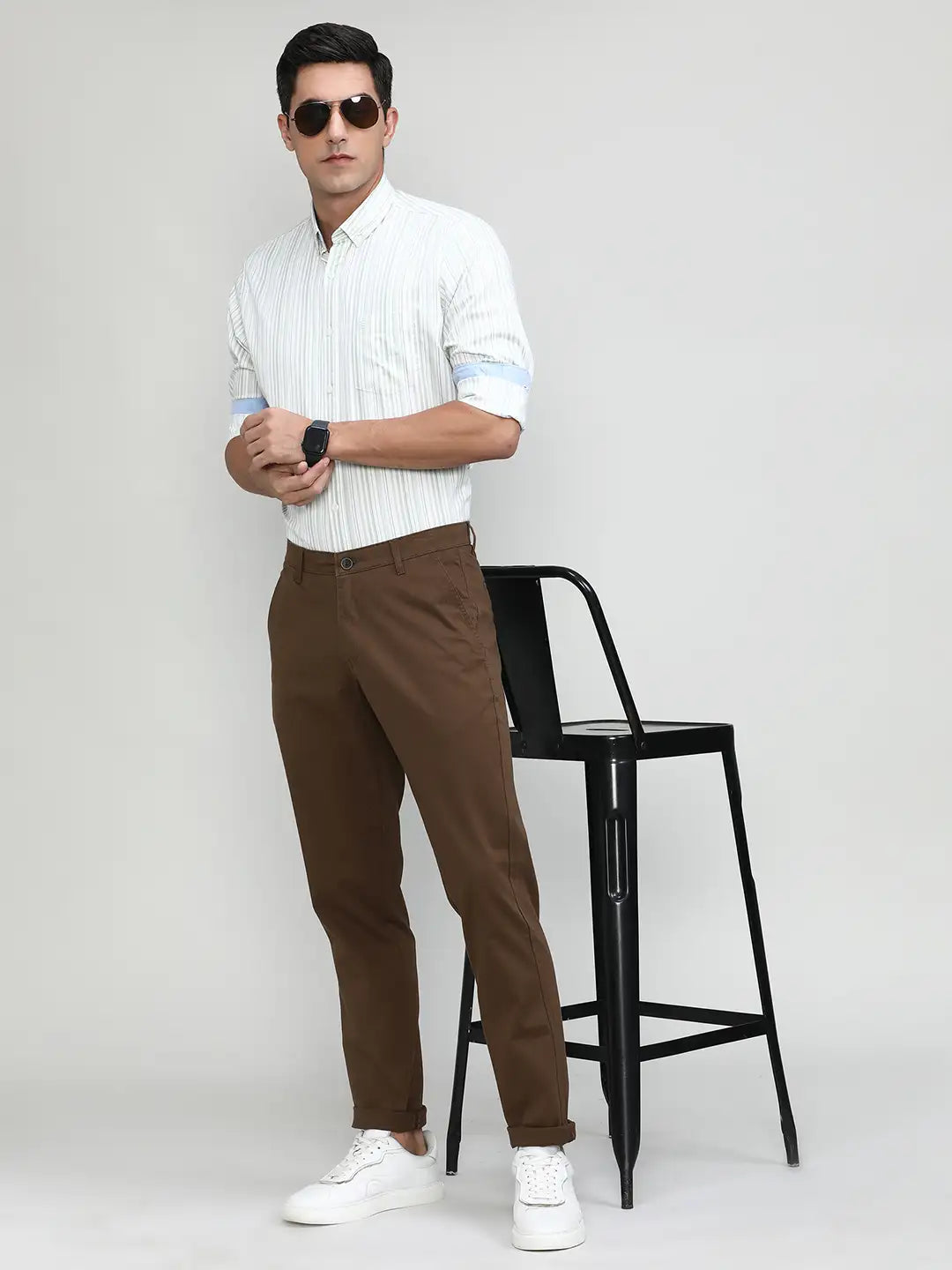 Brown Cotton Trousers Slim Tapered Fit