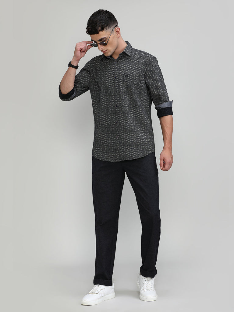 Black Slim Fit Premium Cotton Printed Shirt With Pocket