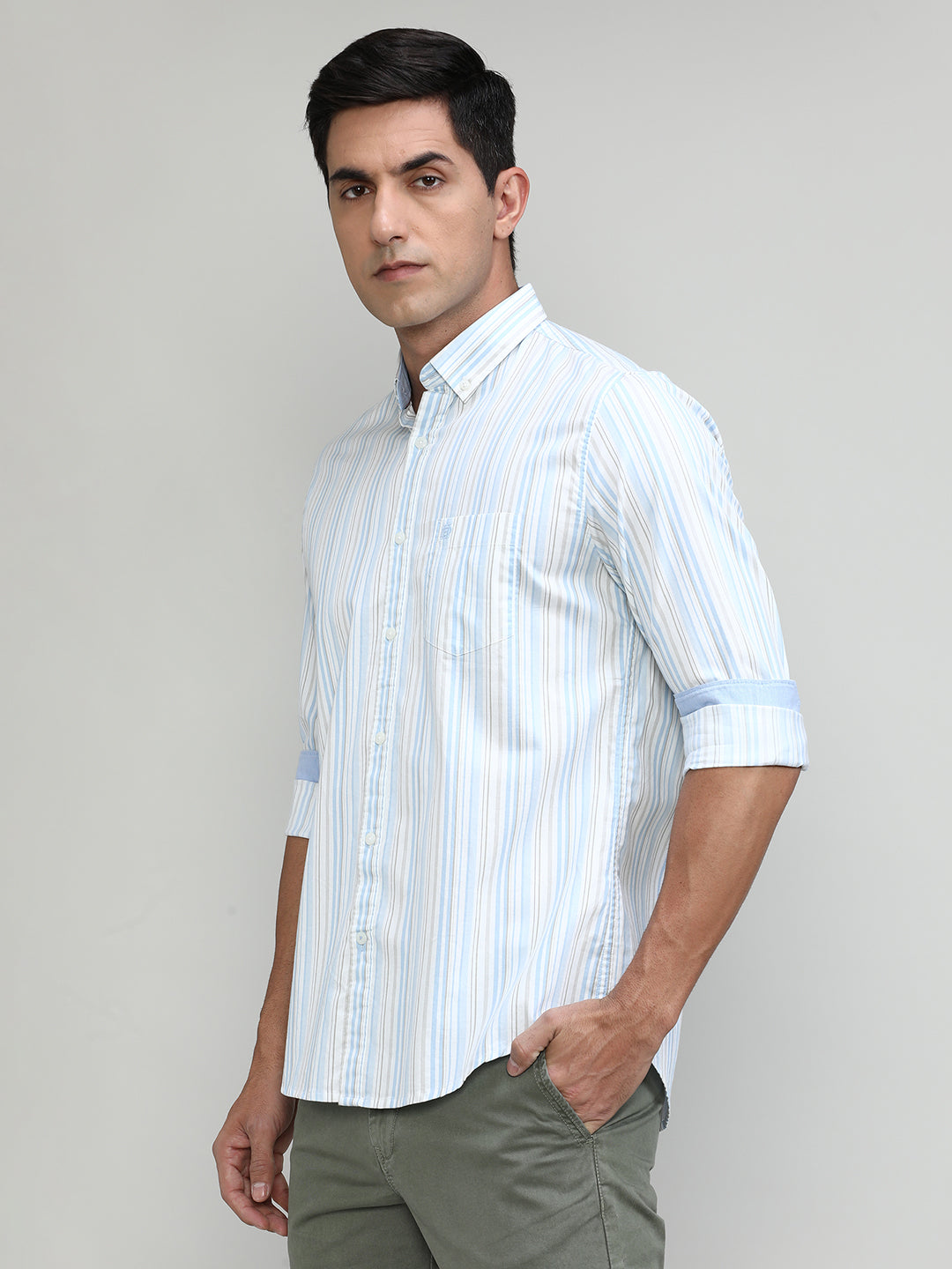 Fern Green Slim Fit Premuim Cotton Stripes Shirt With Bone Collar