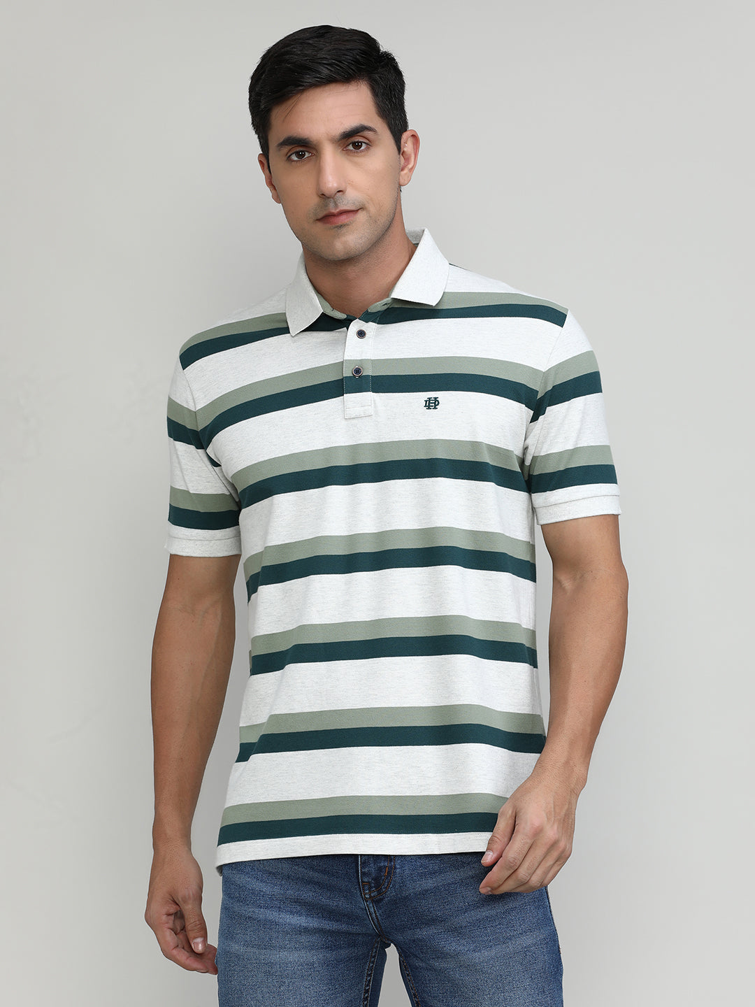 Forest Pique Cotton Lycra Stripes Polo T-shirt