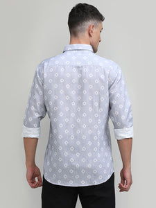 Exclusive Purple Collection Light Grey Slim Fit Printed Premium Cotton Linen Shirt