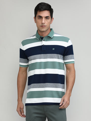 Navy Pique Cotton Lycra Stripes Polo T-shirt