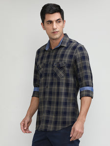 Muddy Slim Fit Premuim Cotton Checks Shirt With Bone Collar & Double Pocket
