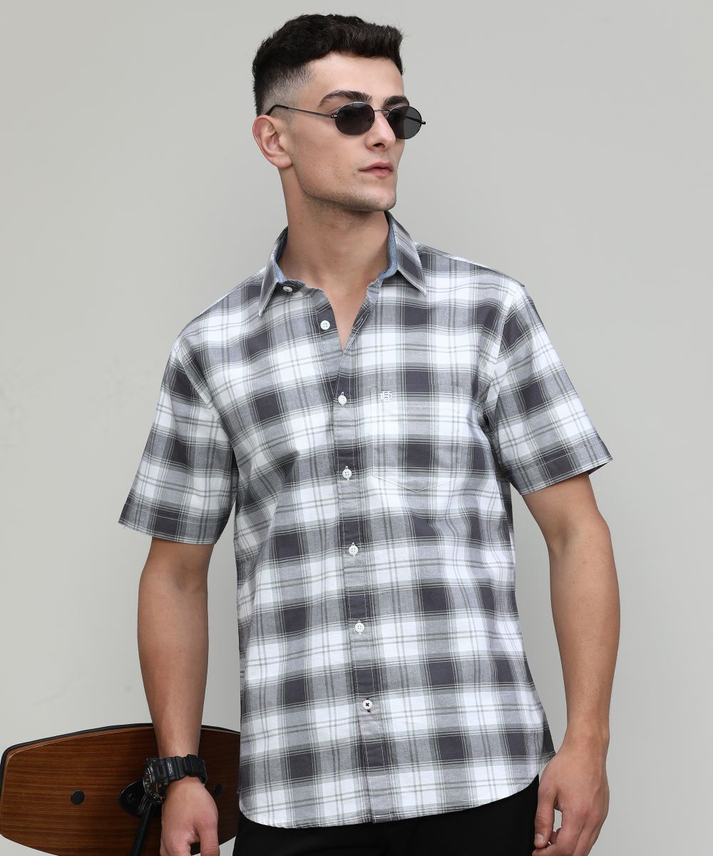 Coffee Slim Fit Premuim Cotton Checks Shirt With Pocket-SS25
