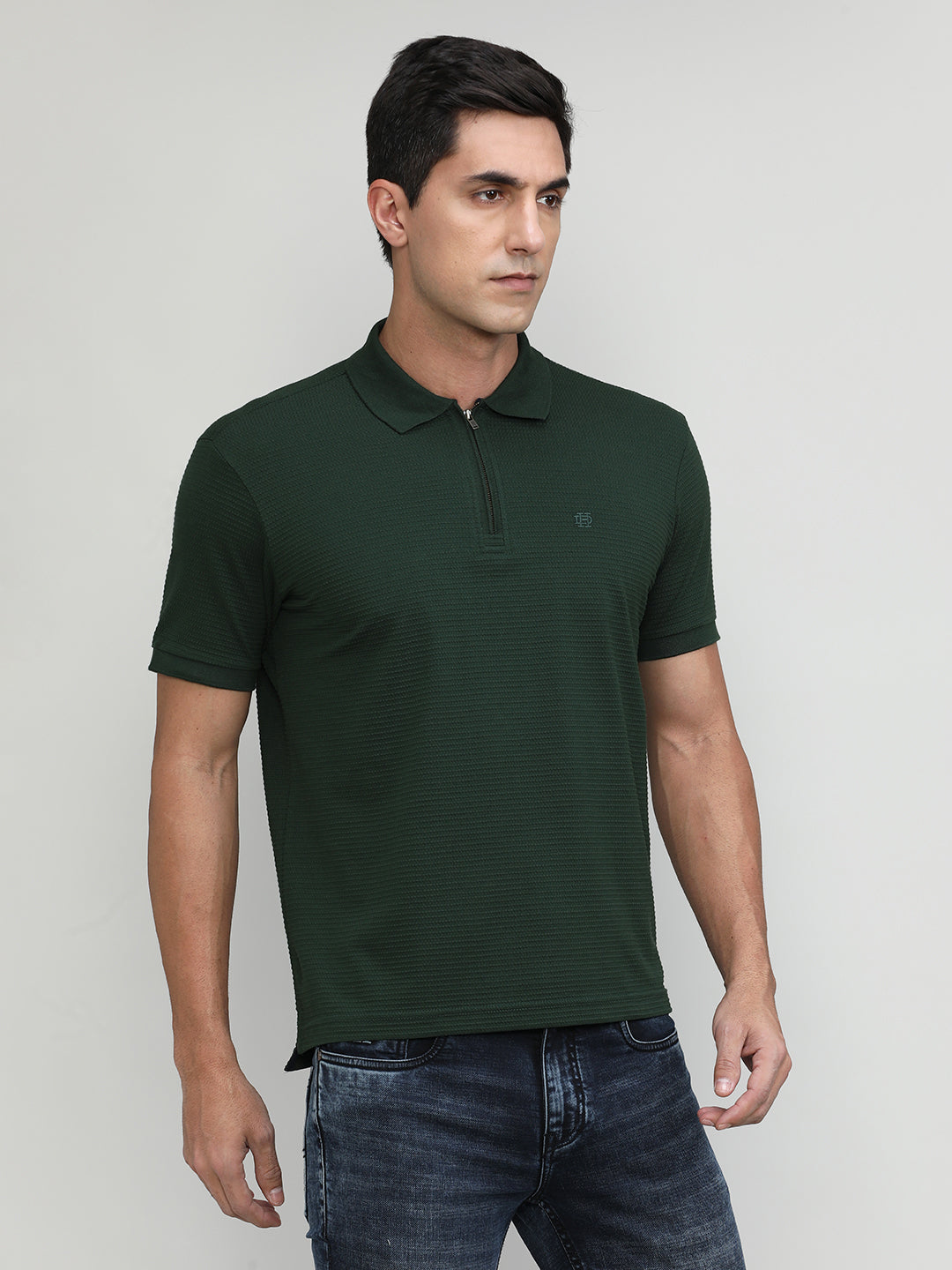Bottle Green Popcorn Weave Cotton Lycra Solid Polo T-shirt