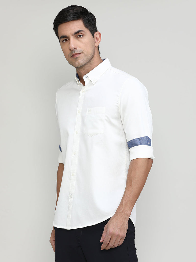 White Slim Fit Premium Cotton Lycra Solid Shirt With Pocket